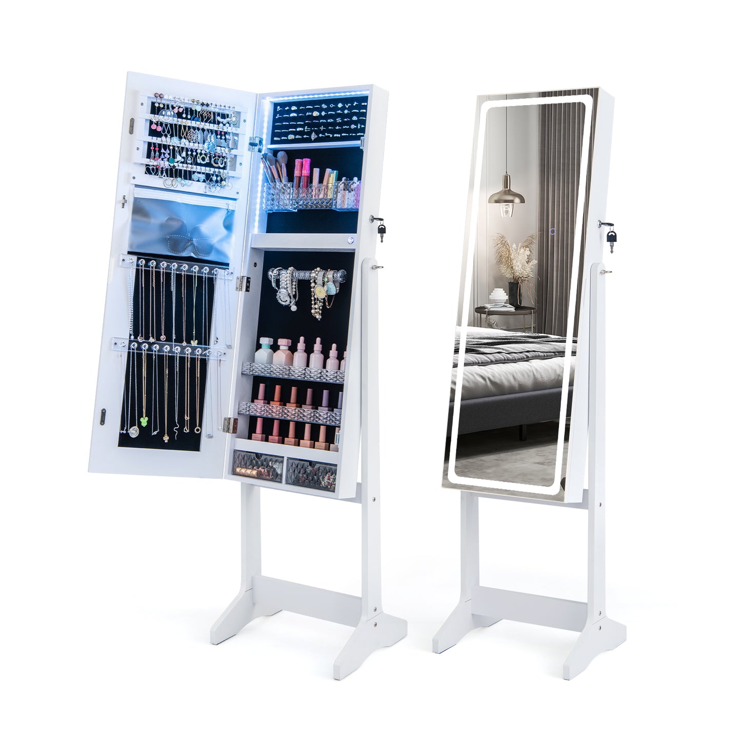 Standing Jewelry Armoire with Lock, LED Lighted Full-Length Mirror and Storage Shelves – White