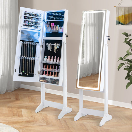 Standing Jewelry Armoire with Lock, LED Lighted Full-Length Mirror and Storage Shelves – White