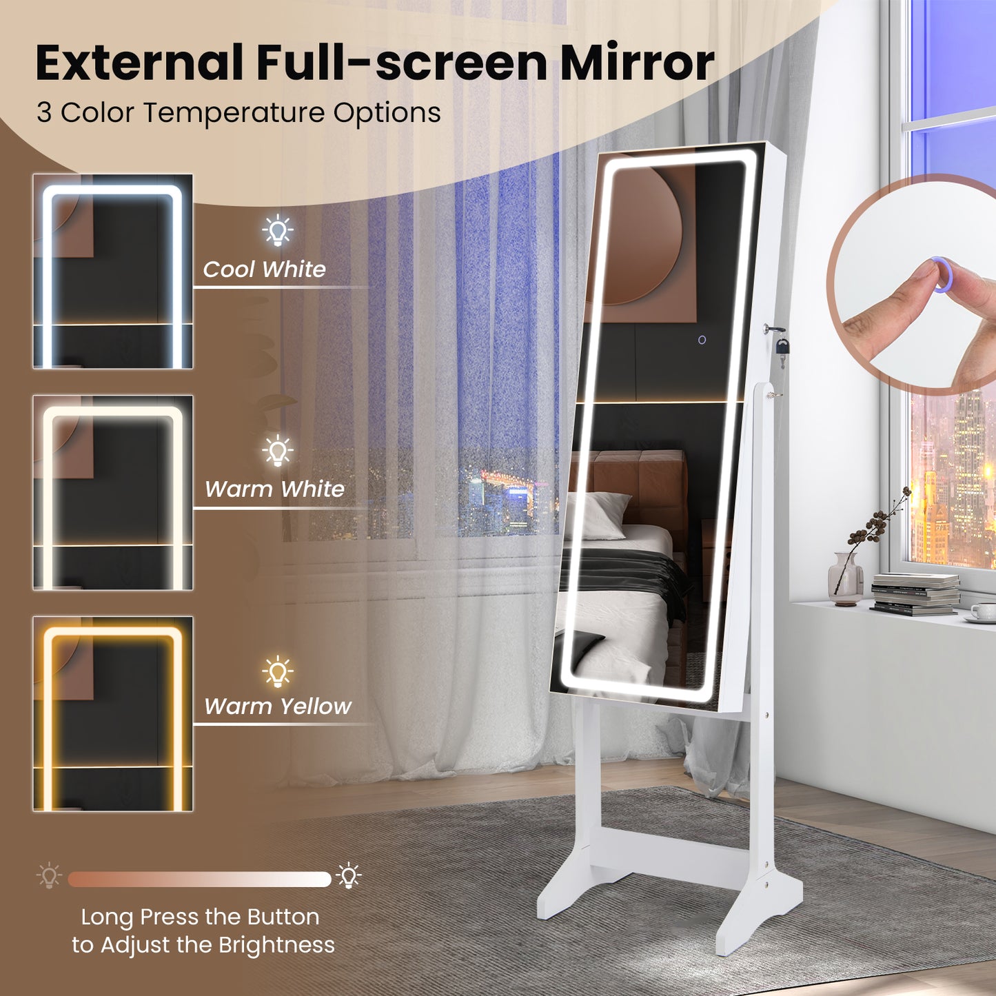 Standing Jewelry Armoire with Lock, LED Lighted Full-Length Mirror and Storage Shelves – White