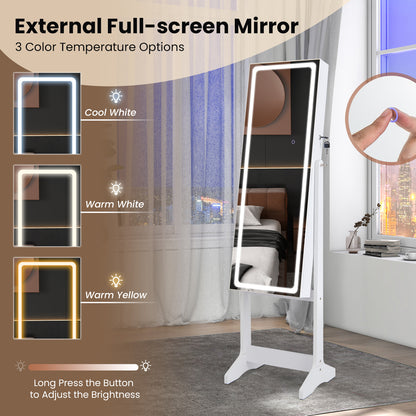 Standing Jewelry Armoire with Lock, LED Lighted Full-Length Mirror and Storage Shelves – White