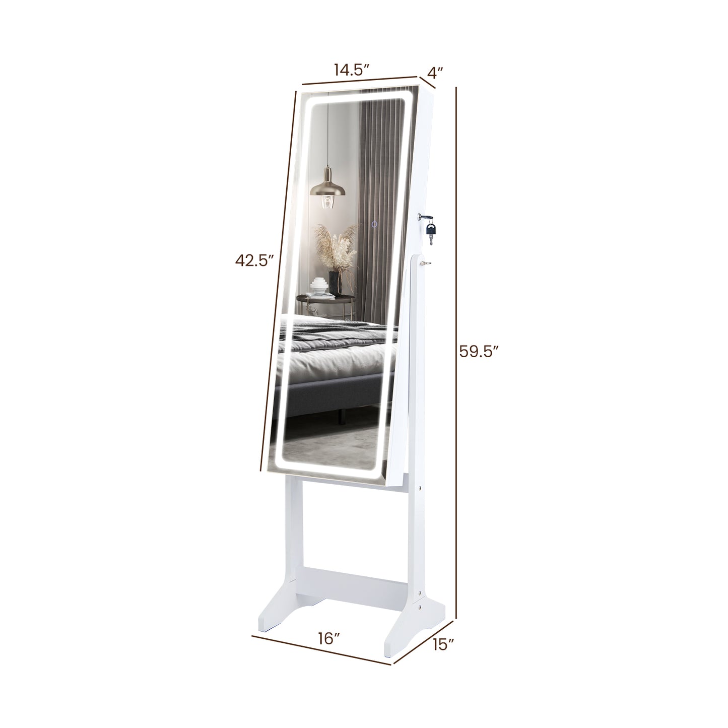 Standing Jewelry Armoire with Lock, LED Lighted Full-Length Mirror and Storage Shelves – White
