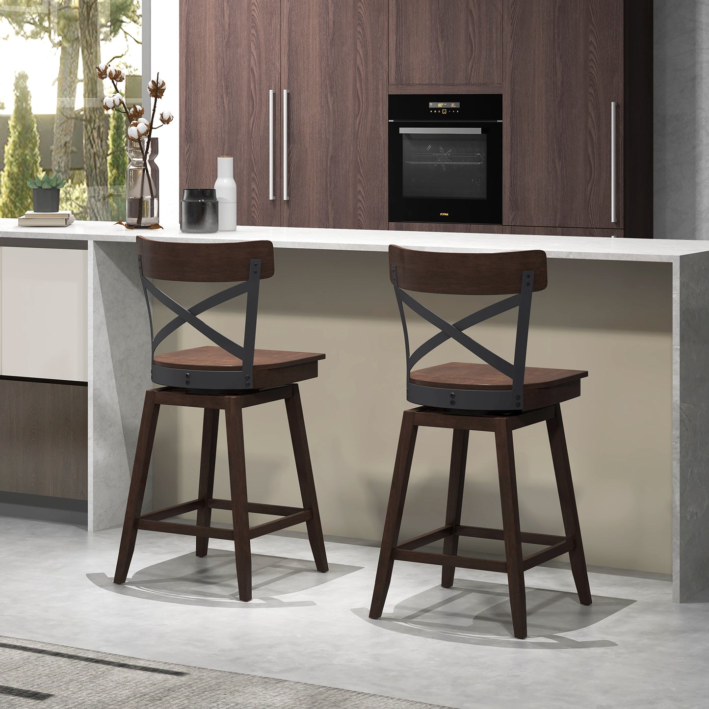Set of 2 24 Inch Wooden Swivel Bar Stools with X-Back Design and Built-In Footrest