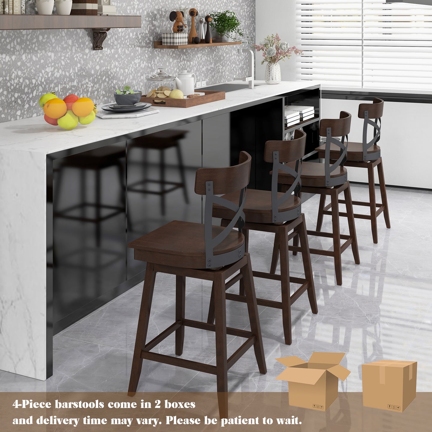 Set of 2 24 Inch Wooden Swivel Bar Stools with X-Back Design and Built-In Footrest