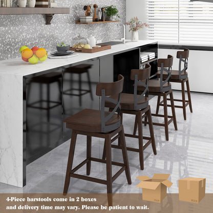 Set of 2 24 Inch Wooden Swivel Bar Stools with X-Back Design and Built-In Footrest