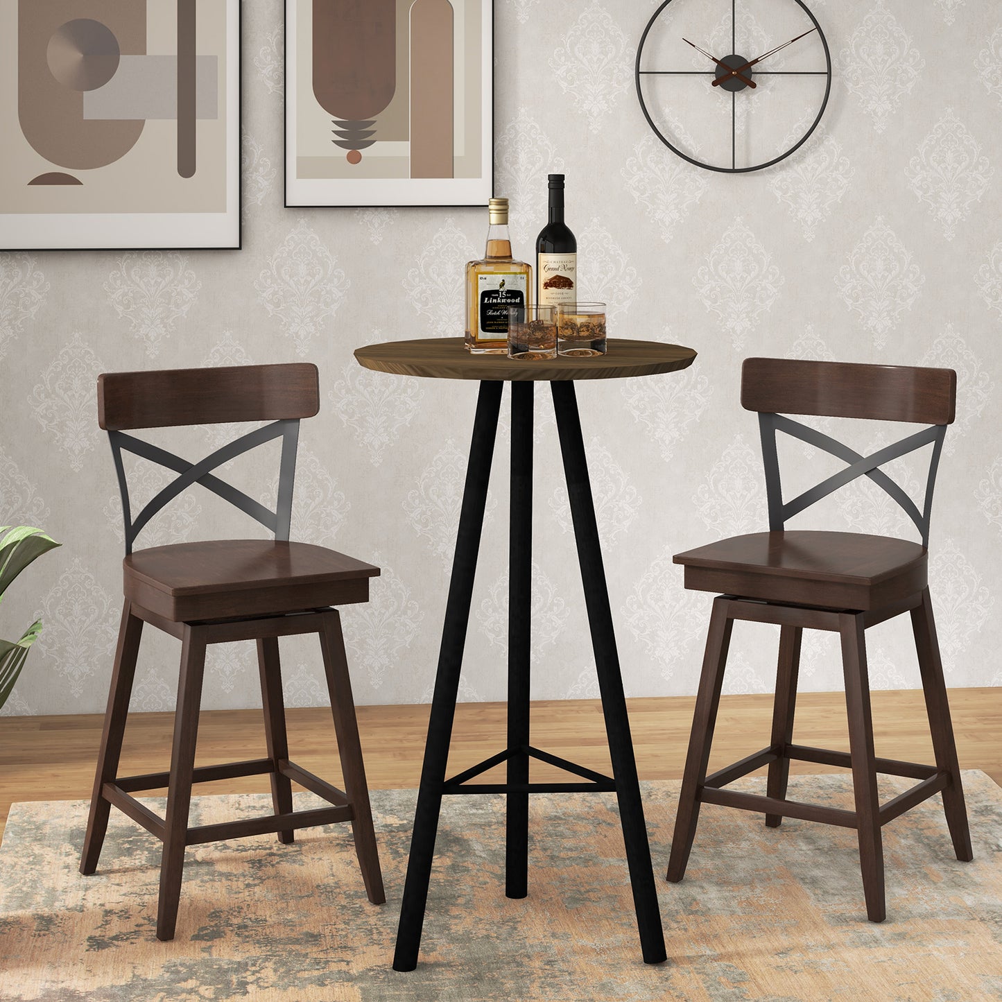 Set of 2 24 Inch Wooden Swivel Bar Stools with X-Back Design and Built-In Footrest