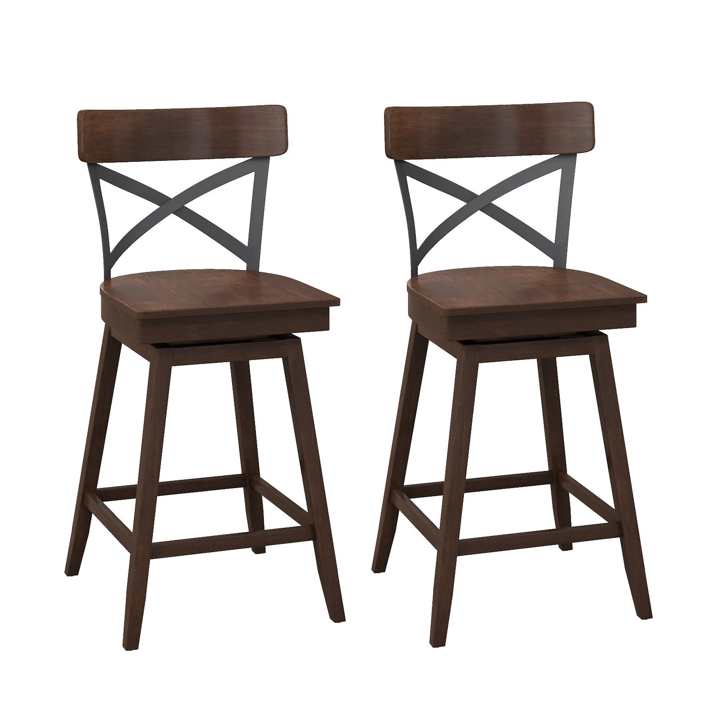 Set of 2 24 Inch Wooden Swivel Bar Stools with X-Back Design and Built-In Footrest