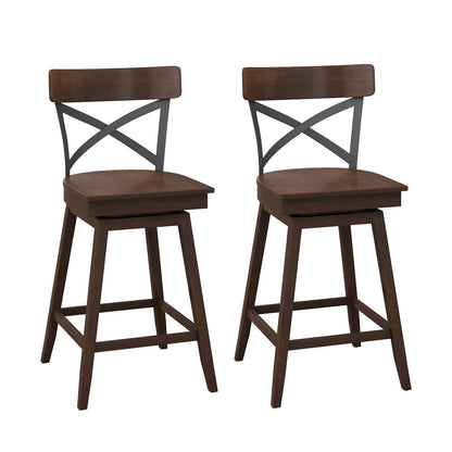 Set of 2 24 Inch Wooden Swivel Bar Stools with X-Back Design and Built-In Footrest
