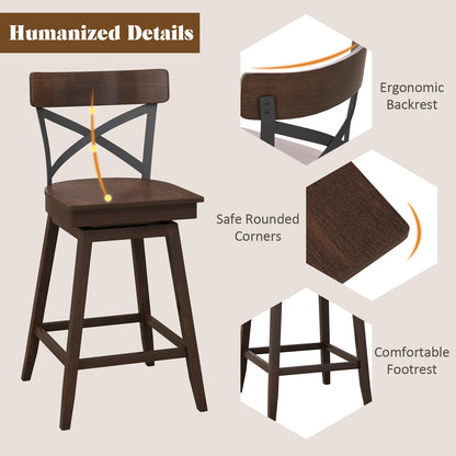 Set of 2 24 Inch Wooden Swivel Bar Stools with X-Back Design and Built-In Footrest