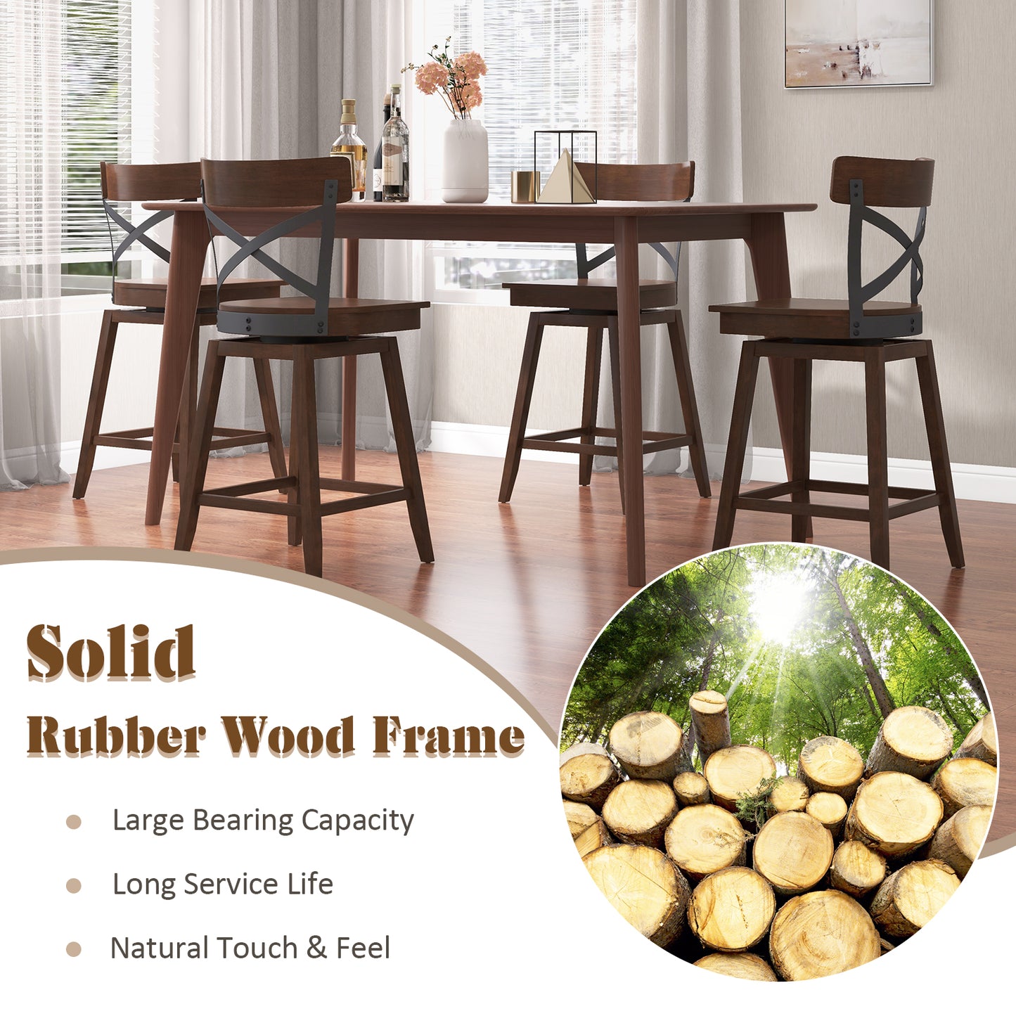 Set of 2 24 Inch Wooden Swivel Bar Stools with X-Back Design and Built-In Footrest