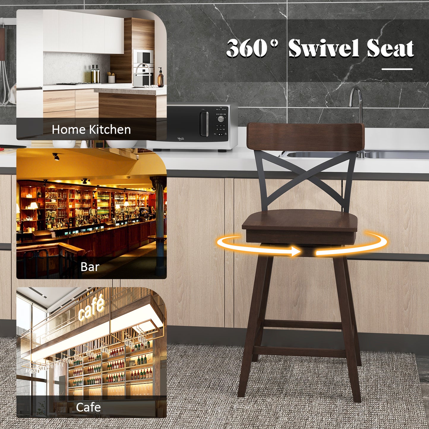 Set of 2 24 Inch Wooden Swivel Bar Stools with X-Back Design and Built-In Footrest