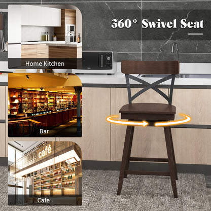 Set of 2 24 Inch Wooden Swivel Bar Stools with X-Back Design and Built-In Footrest