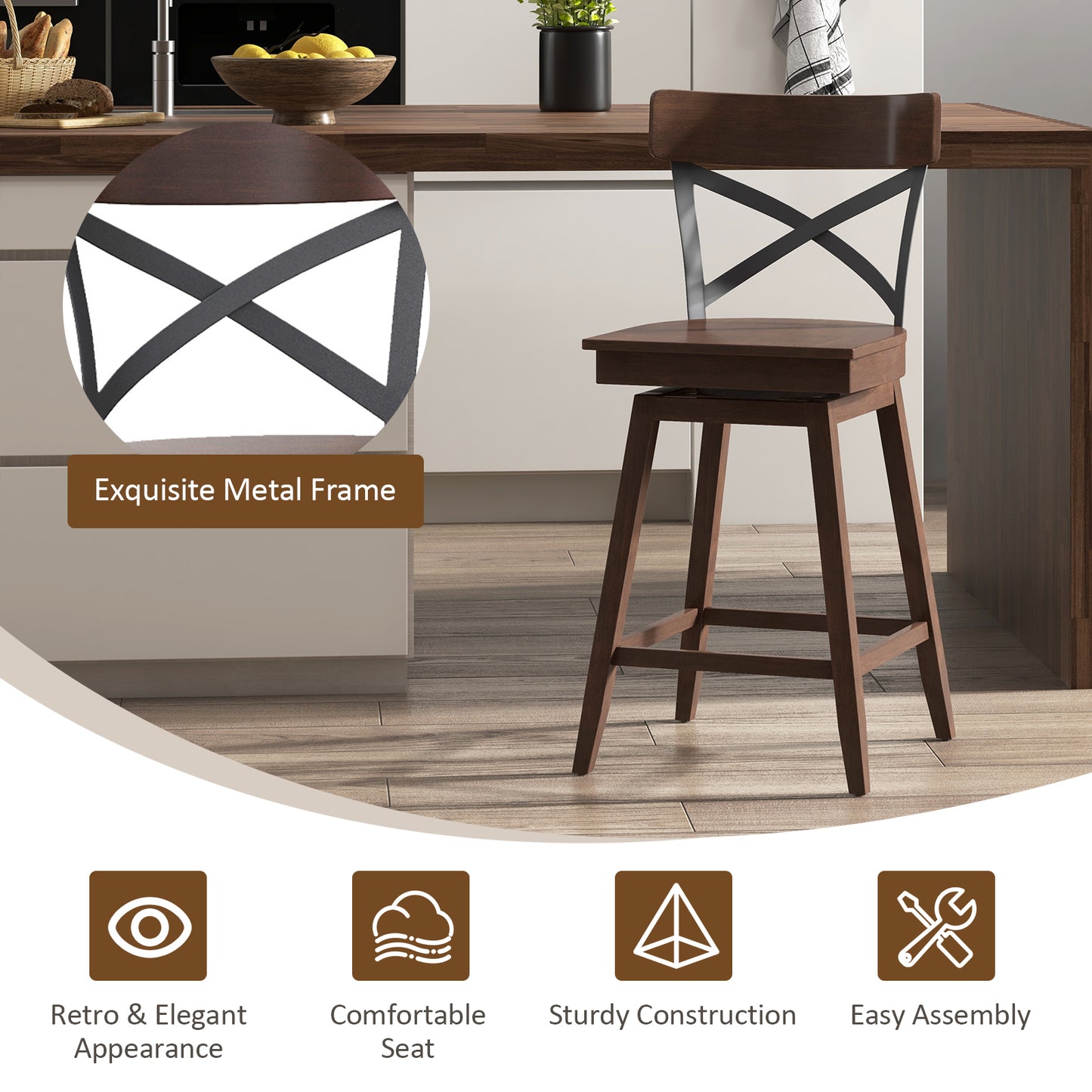 Set of 2 24 Inch Wooden Swivel Bar Stools with X-Back Design and Built-In Footrest