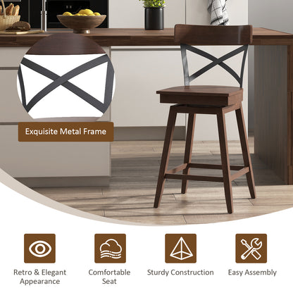 Set of 2 24 Inch Wooden Swivel Bar Stools with X-Back Design and Built-In Footrest