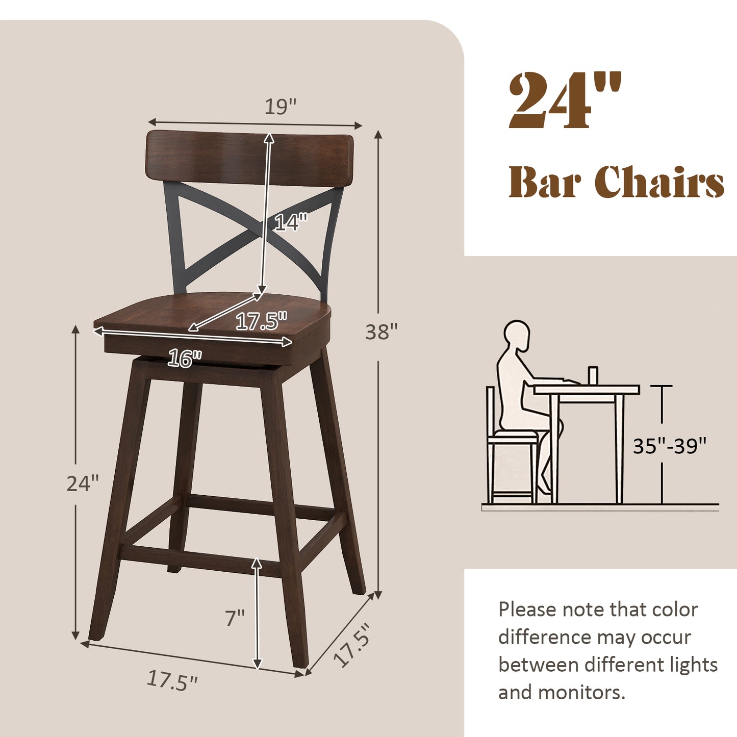Set of 2 24 Inch Wooden Swivel Bar Stools with X-Back Design and Built-In Footrest
