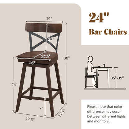 Set of 2 24 Inch Wooden Swivel Bar Stools with X-Back Design and Built-In Footrest