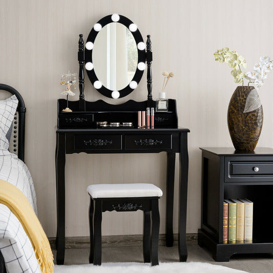 Makeup Vanity Set with Touch Switch Lighted Mirror and Cushioned Stool – Black