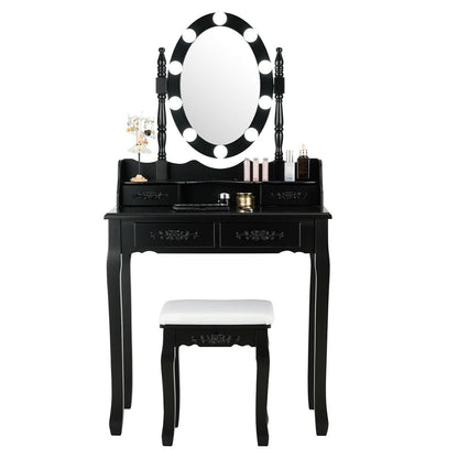 Makeup Vanity Set with Touch Switch Lighted Mirror and Cushioned Stool – Black