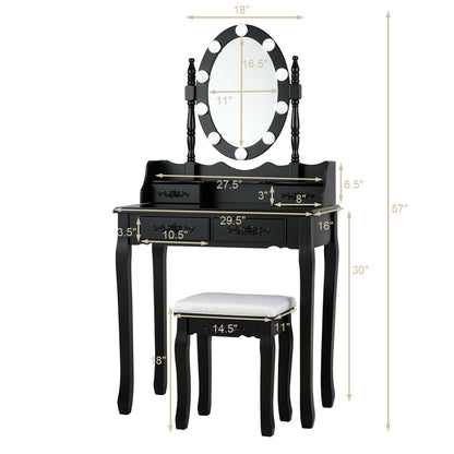 Makeup Vanity Set with Touch Switch Lighted Mirror and Cushioned Stool – Black