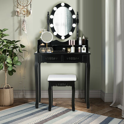 Makeup Vanity Set with Touch Switch Lighted Mirror and Cushioned Stool – Black