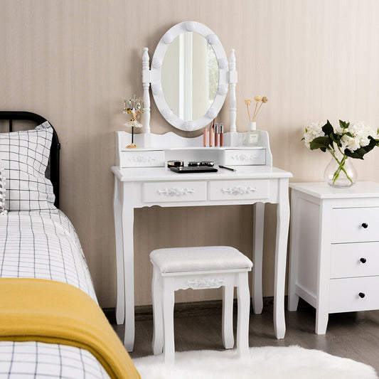 Makeup Vanity Set with Touch Switch Lighted Mirror and Cushioned Stool – White