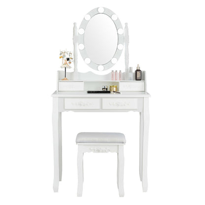 Makeup Vanity Set with Touch Switch Lighted Mirror and Cushioned Stool – White