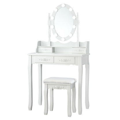 Makeup Vanity Set with Touch Switch Lighted Mirror and Cushioned Stool – White