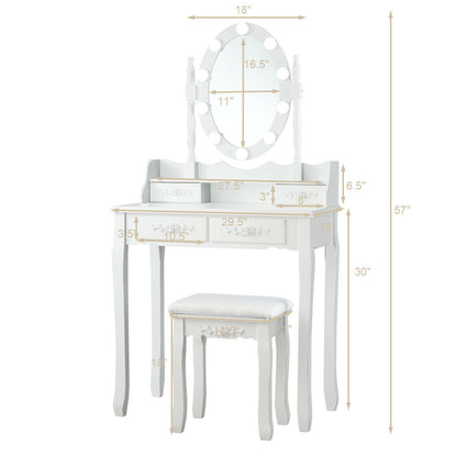 Makeup Vanity Set with Touch Switch Lighted Mirror and Cushioned Stool – White