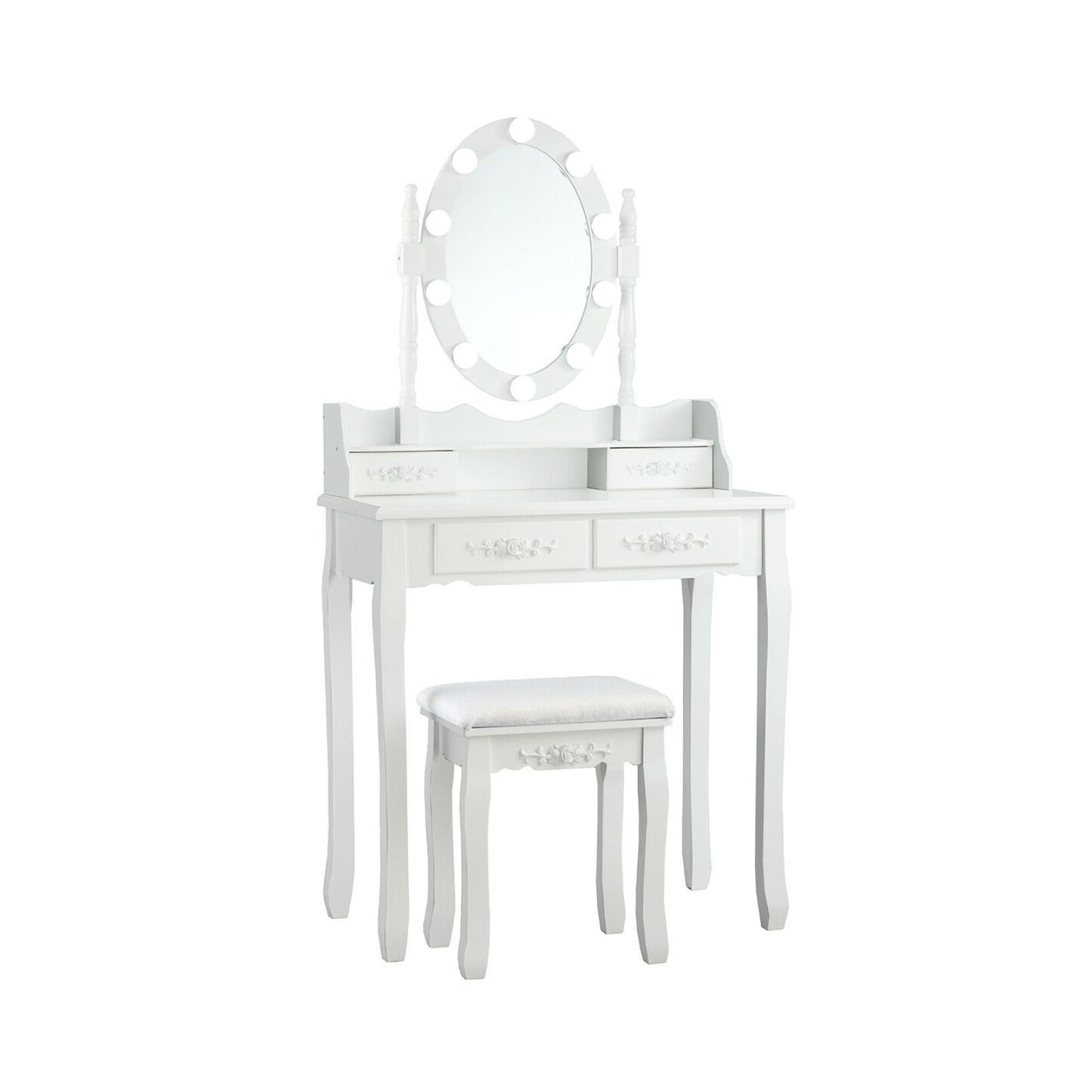 Makeup Vanity Set with Touch Switch Lighted Mirror and Cushioned Stool – White