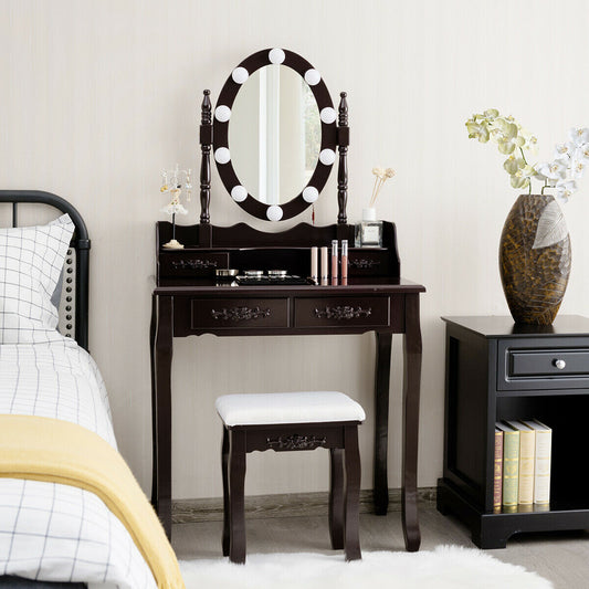 Makeup Vanity Set with Touch Switch Lighted Mirror and Cushioned Stool – Brown