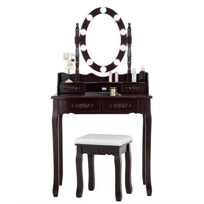Makeup Vanity Set with Touch Switch Lighted Mirror and Cushioned Stool – Brown