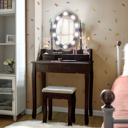 Makeup Vanity Set with Touch Switch Lighted Mirror and Cushioned Stool – Brown
