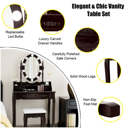 Makeup Vanity Set with Touch Switch Lighted Mirror and Cushioned Stool – Brown