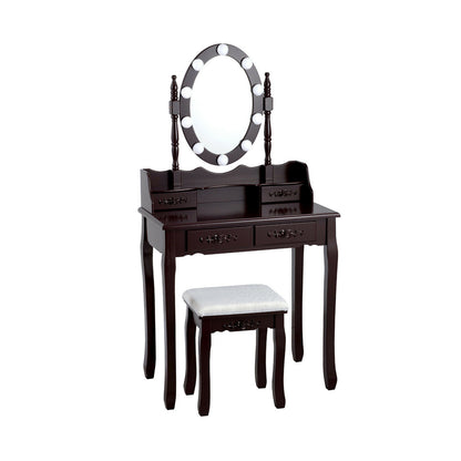 Makeup Vanity Set with Touch Switch Lighted Mirror and Cushioned Stool – Brown