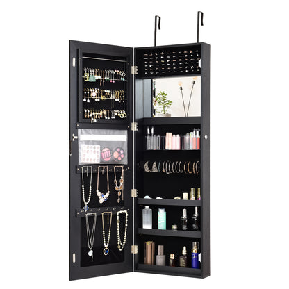 Lockable Jewelry Cabinet with Frameless Full-Length Mirror and Spacious Storage - Black