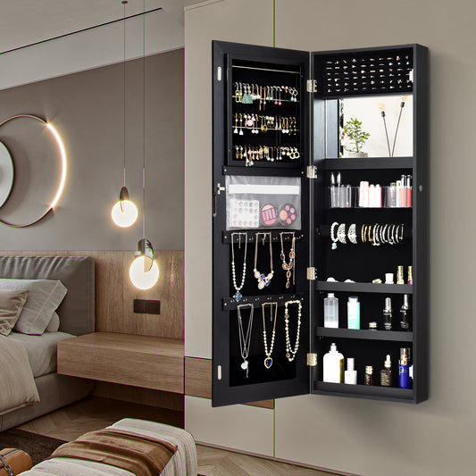 Lockable Jewelry Cabinet with Frameless Full-Length Mirror and Spacious Storage - Black