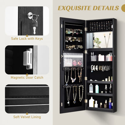 Lockable Jewelry Cabinet with Frameless Full-Length Mirror and Spacious Storage - Black