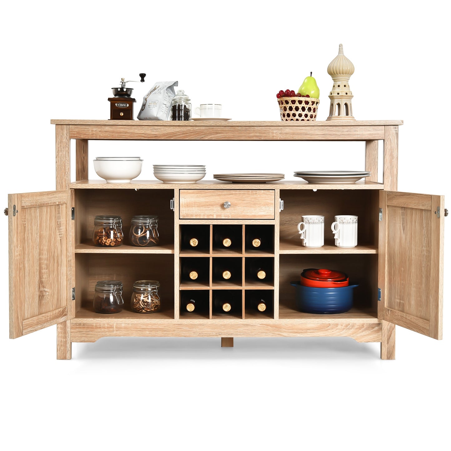 Modern Buffet Sideboard with Wine Rack Storage and Cabinets for Dining Room or Kitchen Console -Natural