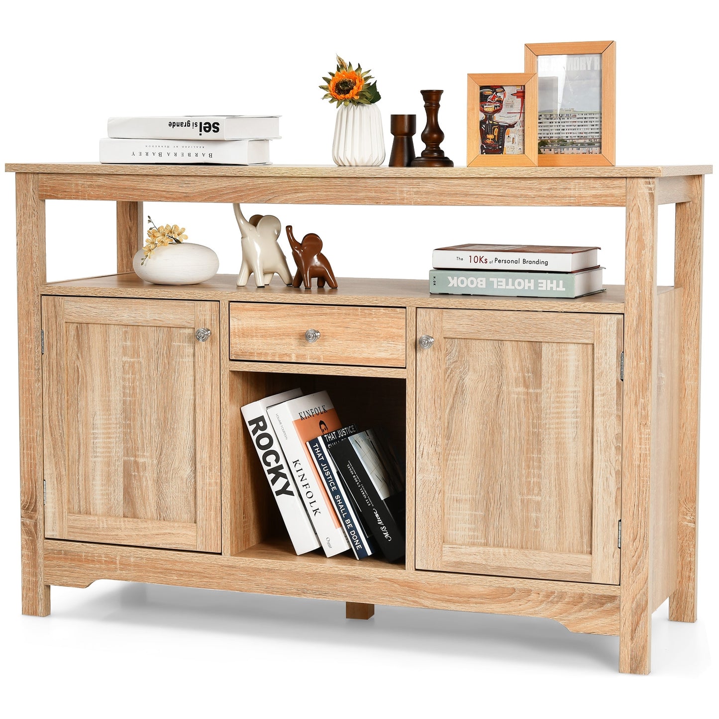 Modern Buffet Sideboard with Wine Rack Storage and Cabinets for Dining Room or Kitchen Console -Natural