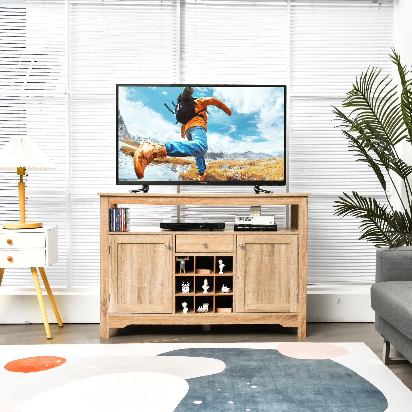Modern Buffet Sideboard with Wine Rack Storage and Cabinets for Dining Room or Kitchen Console -Natural