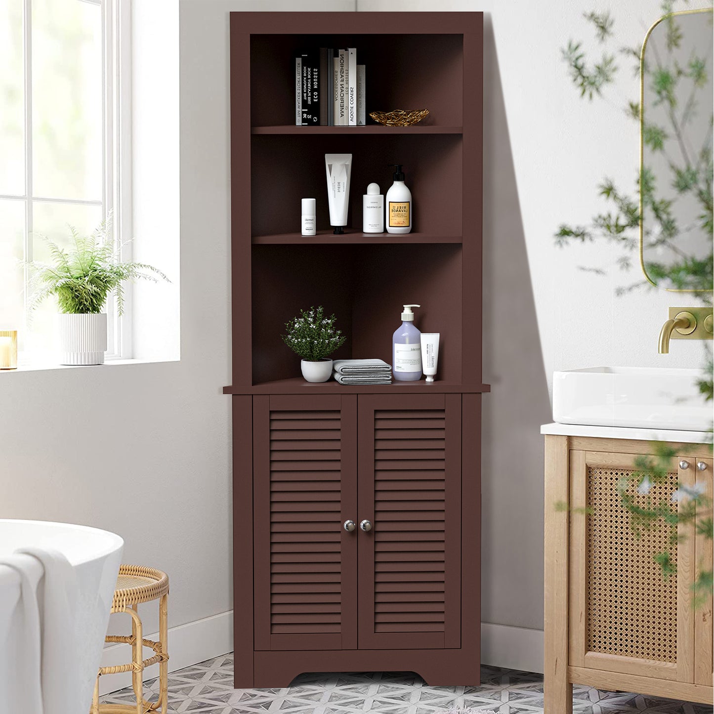 Tall Bathroom Corner Storage Cabinet with 3 Shelves and Double Doors