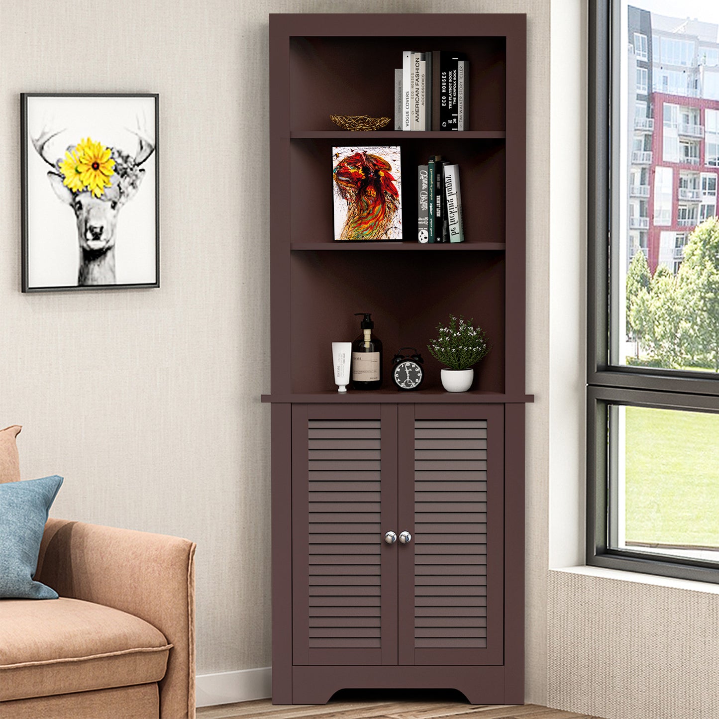 Tall Bathroom Corner Storage Cabinet with 3 Shelves and Double Doors