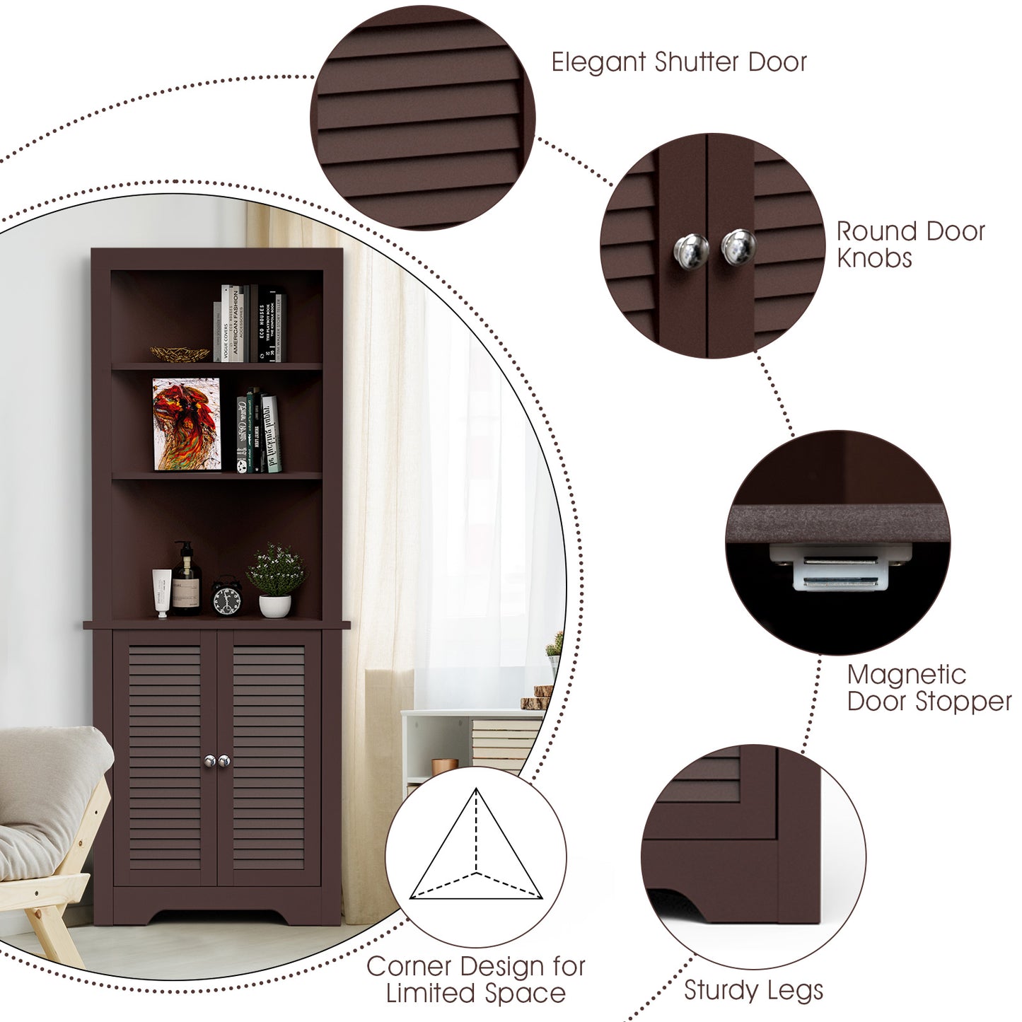 Tall Bathroom Corner Storage Cabinet with 3 Shelves and Double Doors