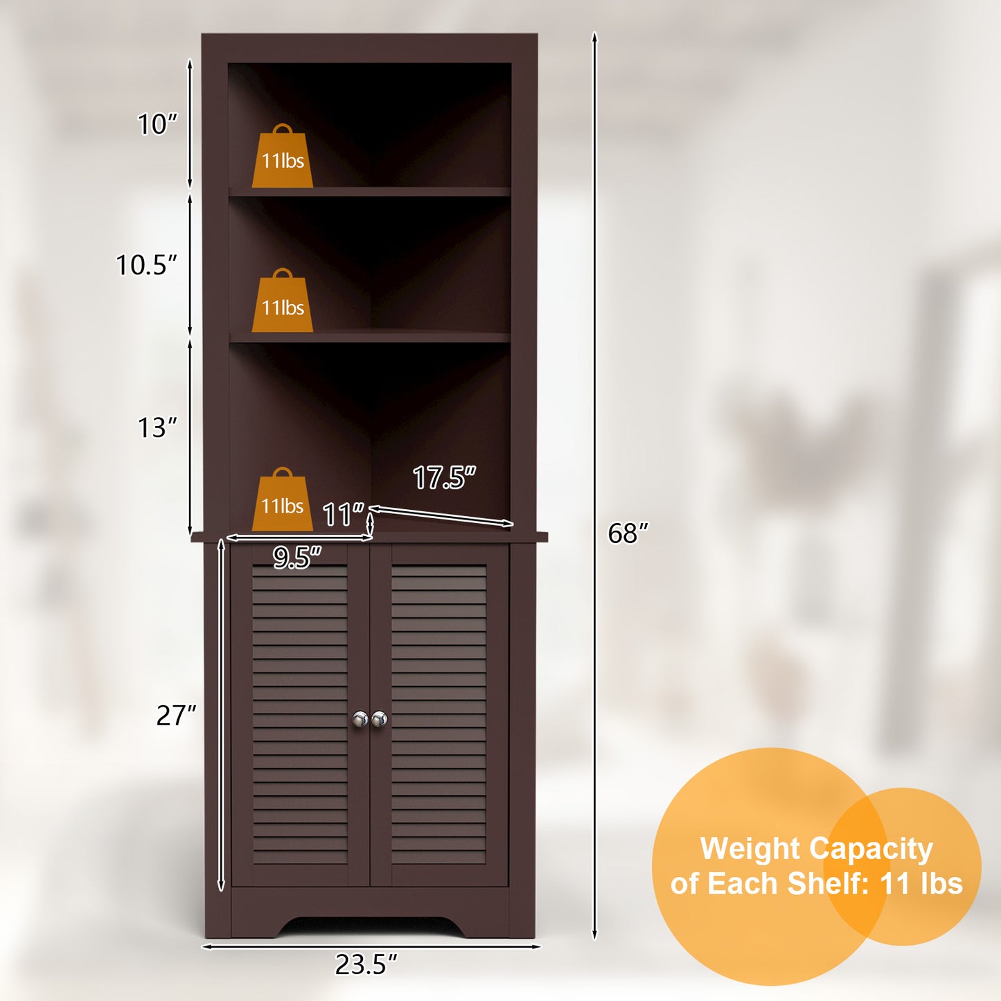 Tall Bathroom Corner Storage Cabinet with 3 Shelves and Double Doors