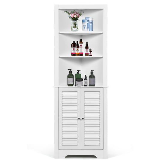 Tall Bathroom Corner Storage Cabinet with 3 Shelves and Double Doors