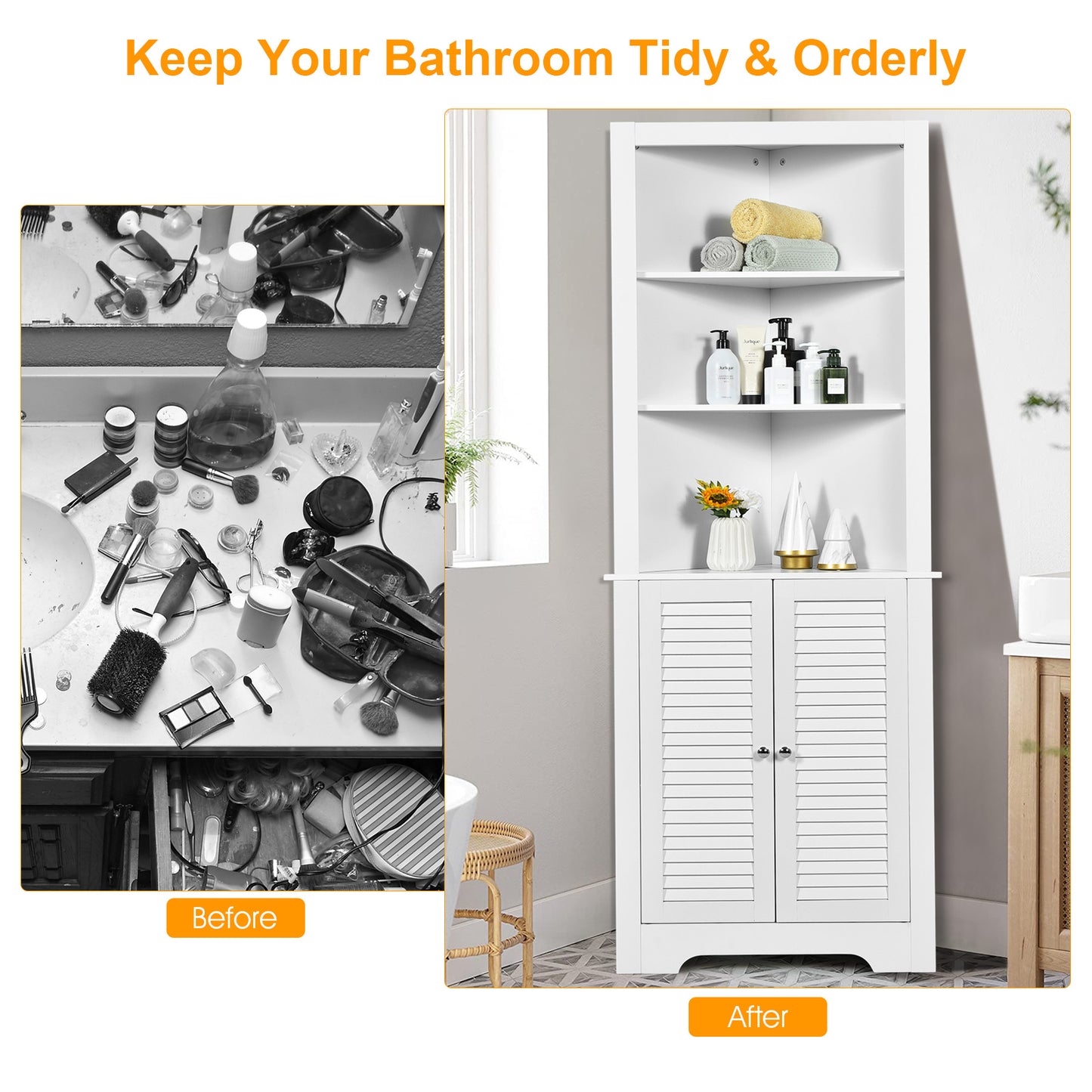 Tall Bathroom Corner Storage Cabinet with 3 Shelves and Double Doors