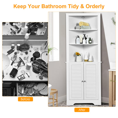 Tall Bathroom Corner Storage Cabinet with 3 Shelves and Double Doors
