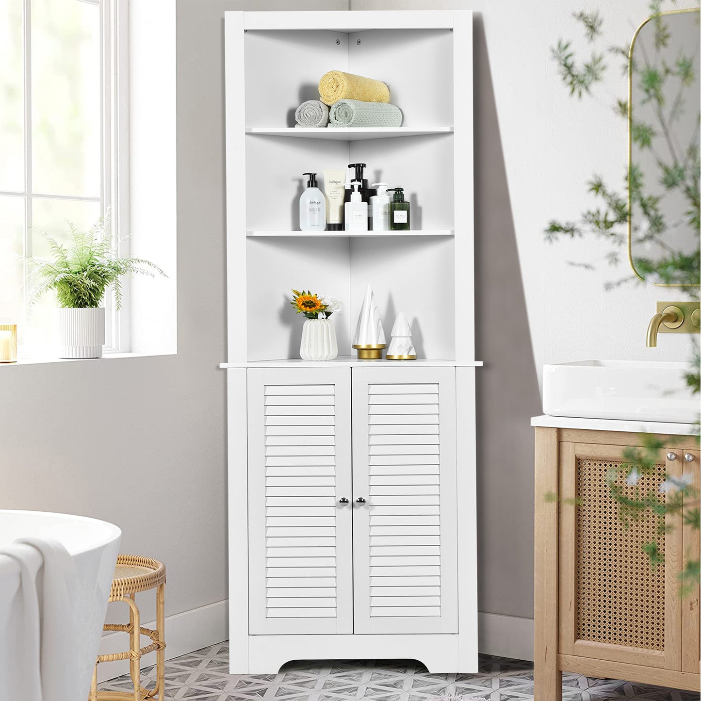 Tall Bathroom Corner Storage Cabinet with 3 Shelves and Double Doors