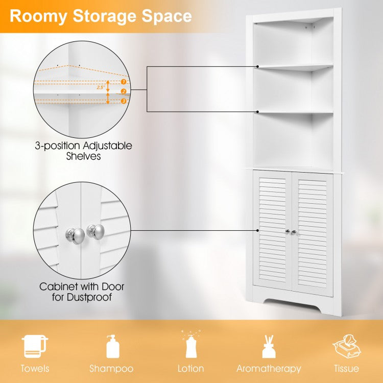 Tall Bathroom Corner Storage Cabinet with 3 Shelves and Double Doors