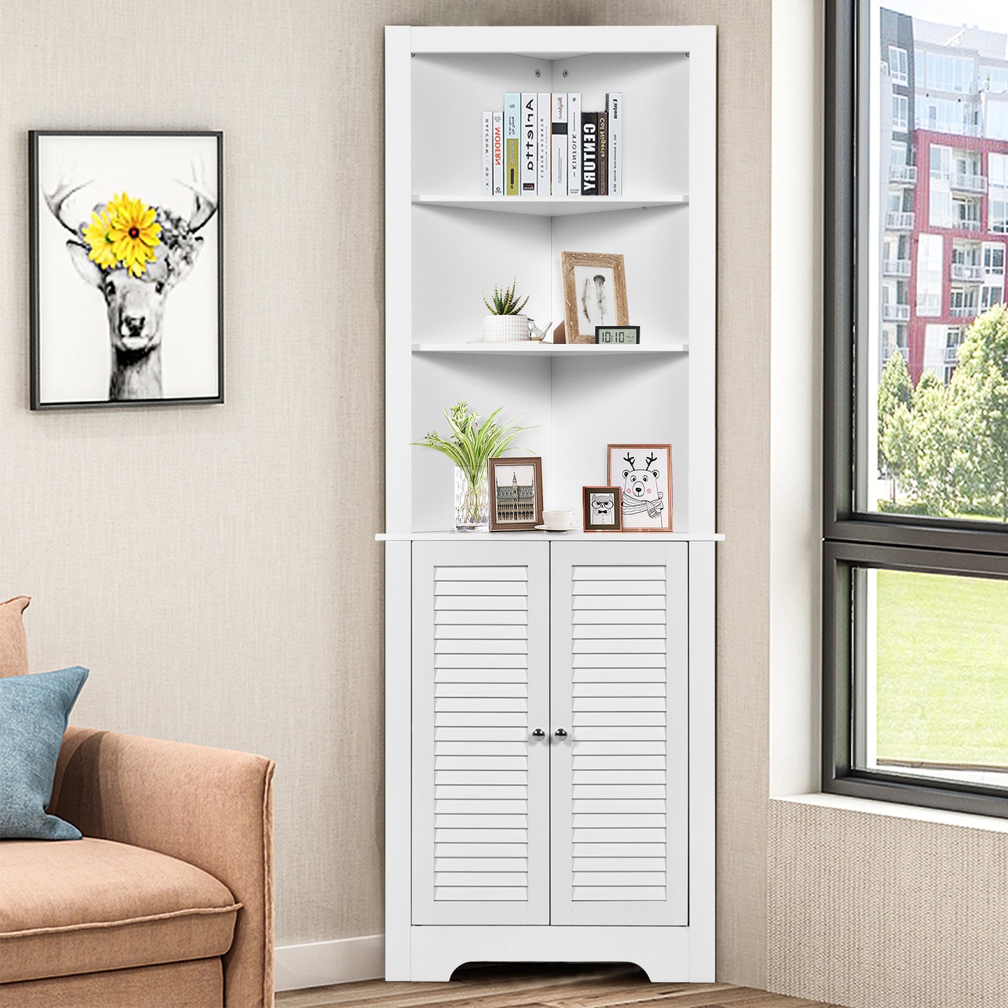 Tall Bathroom Corner Storage Cabinet with 3 Shelves and Double Doors