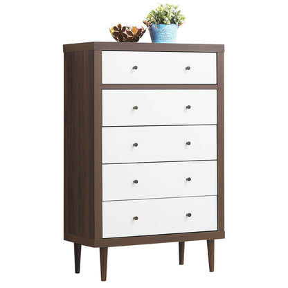 Freestanding 5 Drawer Tall Dresser Cabinet with Modern Walnut Accents